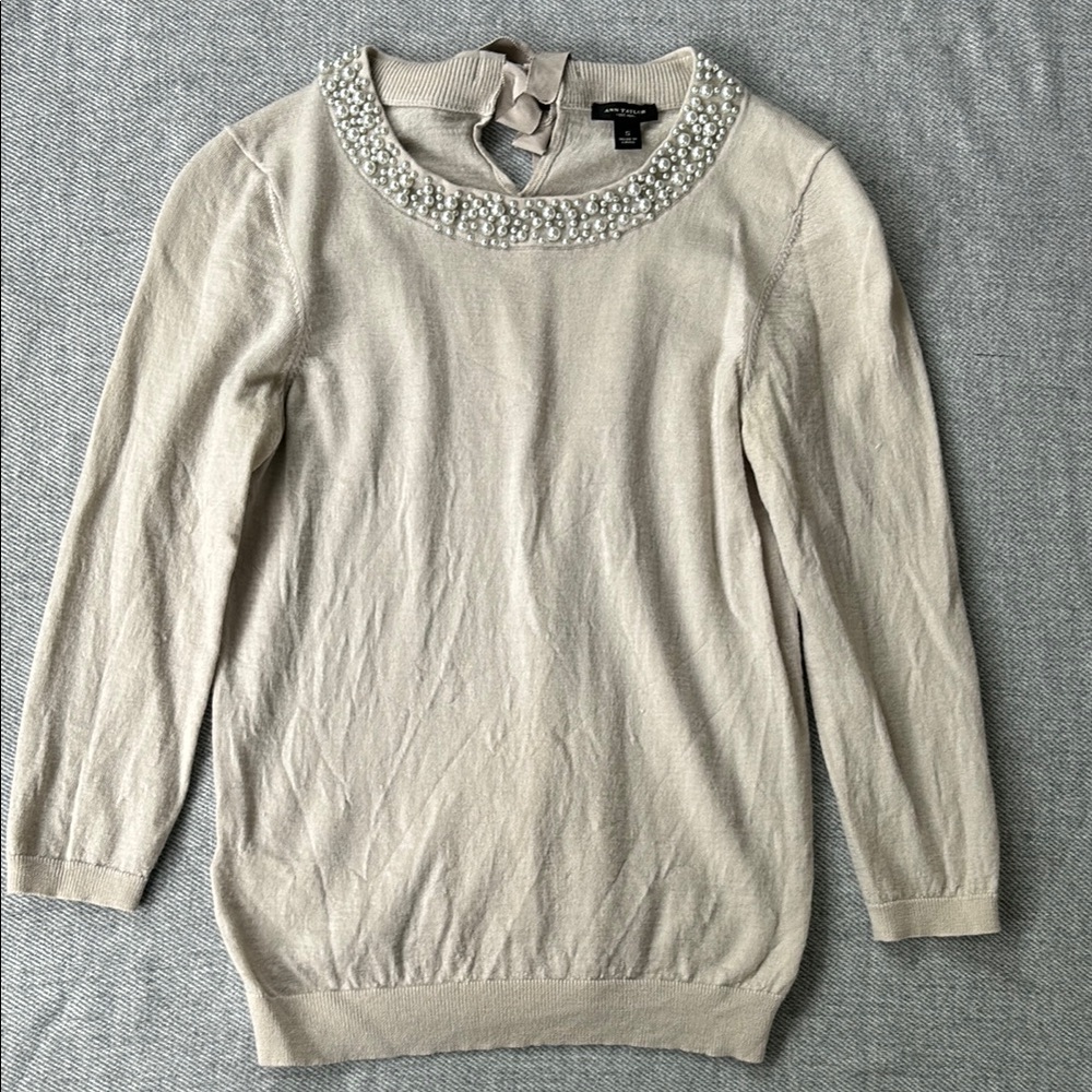 Ann Taylor Cream Crew Neck Sweater with Embellished Neckline
